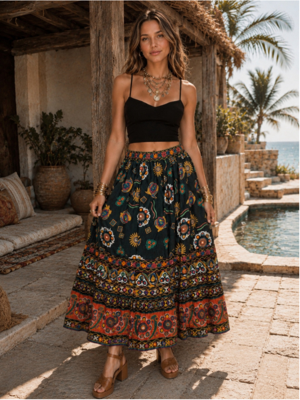 Vintage BILA California Indian Mirror Work Cotton Boho Maxi Skirt M Festival